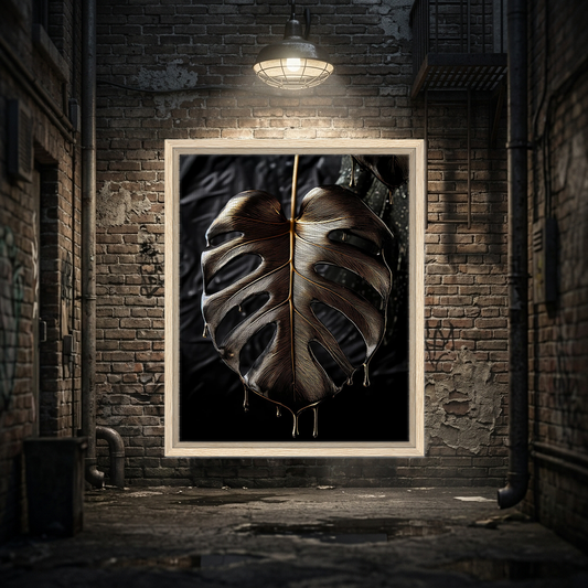 : Metallic Gold Dripping Monstera Leaf Canvas Wall Art