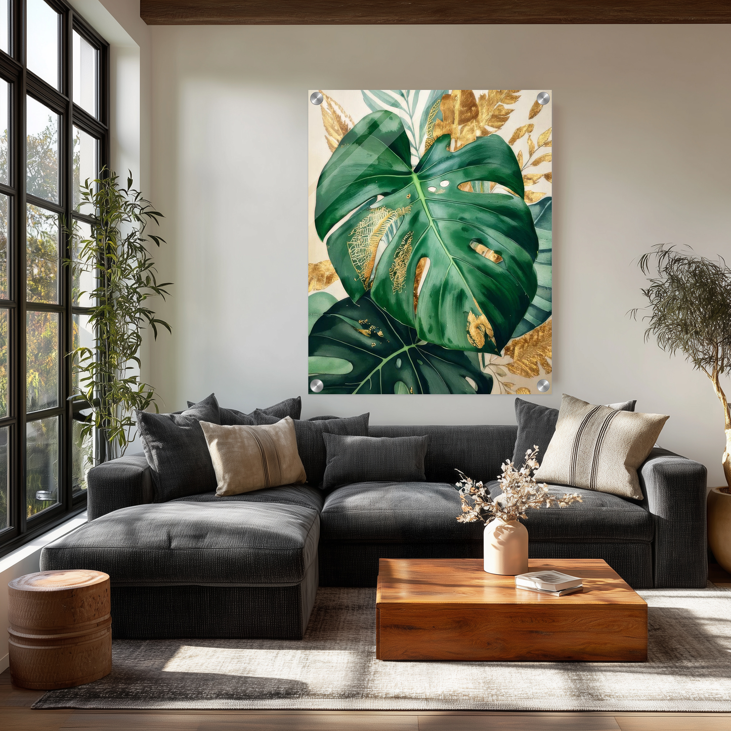 Vintage  botanical illustration of oversized monstera and eucalyptus leaves wall art