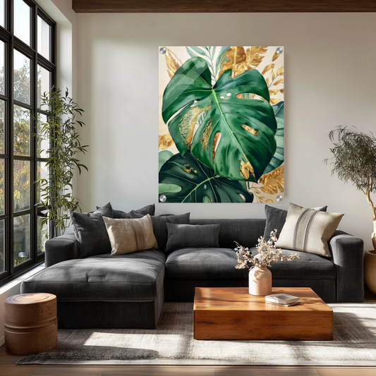 Wall art- Vintage  botanical illustration of oversized monstera and eucalyptus leaves