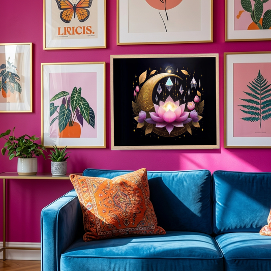 Bohemian Crescent Moon and Sacred Lotus Blossom Wall Art