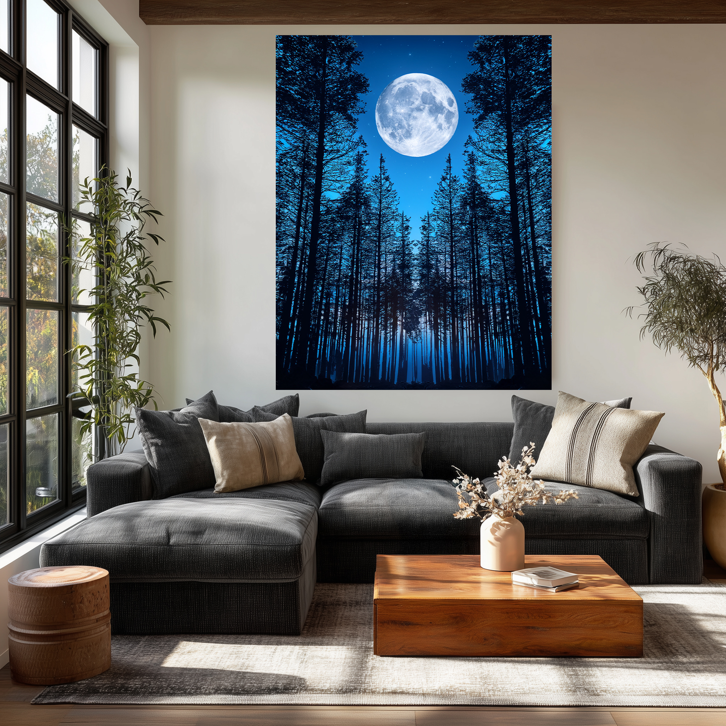 Large Moon Over Pine Forest Wall Art - Night Nature Landscape