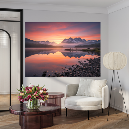 Mountain River Mirror : Where Snow Meets Sunset  Wall Art