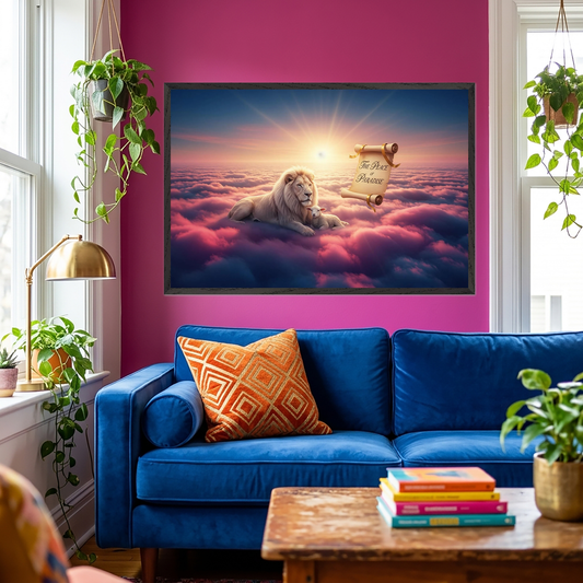 The Peace of Paradise - Majestic White Lion and Lamb Wall Art, Christian Home Decor