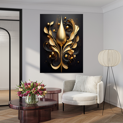 Luxe Golden Floral Bud - Modern 3D Abstract Wall Art