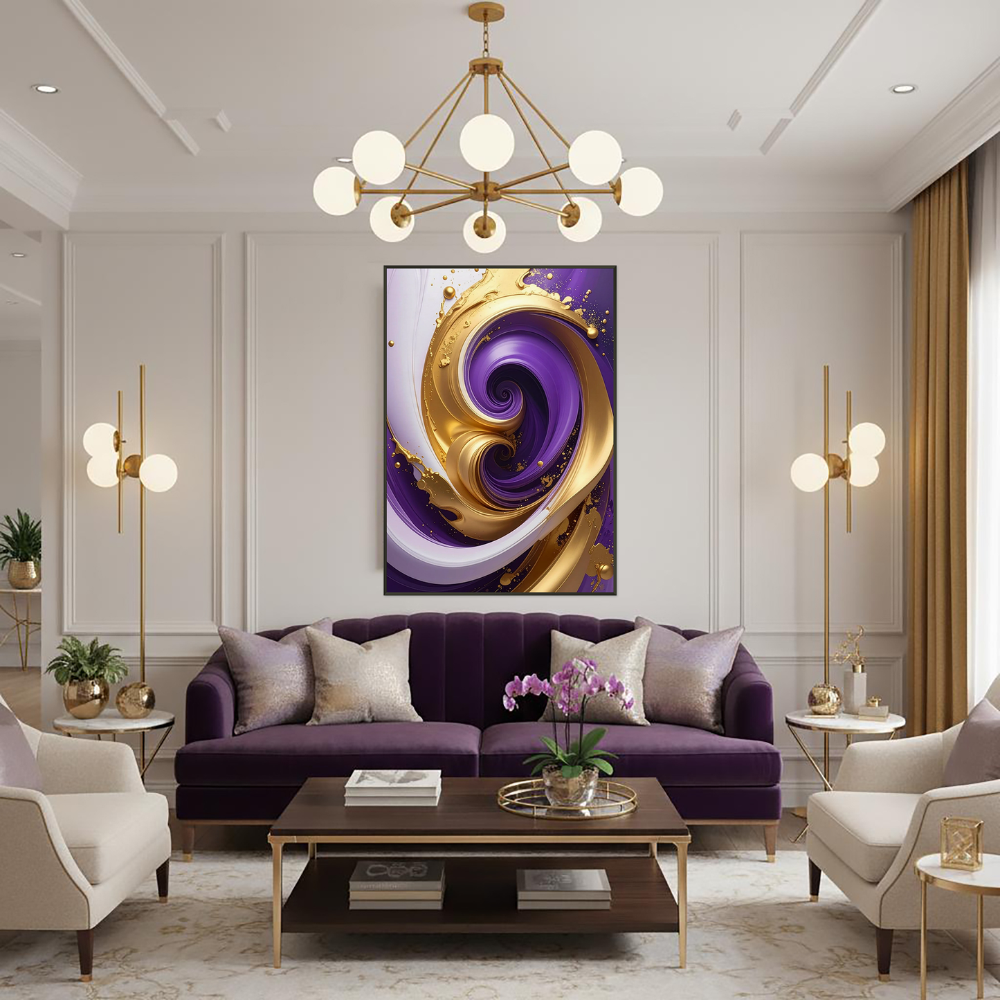 Celestial Motion Gold and Purple Abstract Art - Luxury Fluid Decor