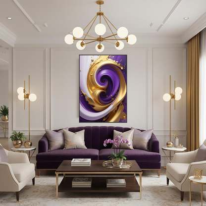 Celestial Motion Gold and Purple Abstract Art - Luxury Fluid Decor