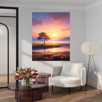 Serene Sunset Solitude - Lone Tree Landscape Wall Art
