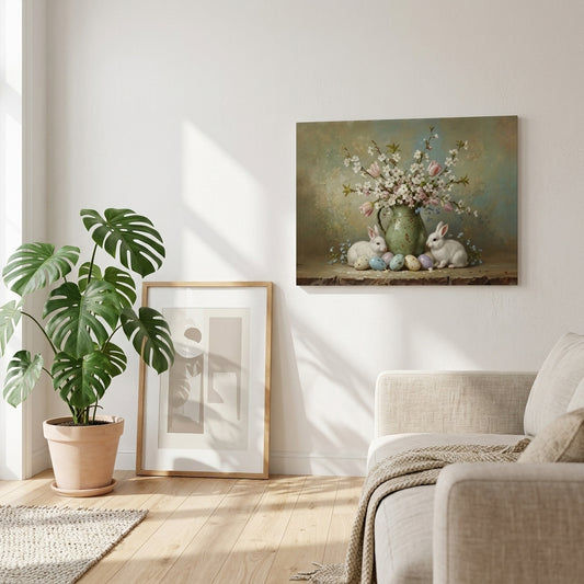 Spring Bunnies and Floral Pitcher Still Life