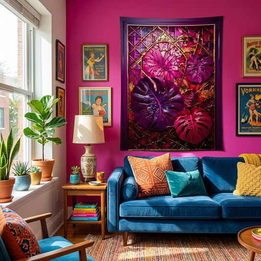 Tropical Stained Glass Monstera Leaf Wall Art - Bold Magenta & Purple Botanical Print