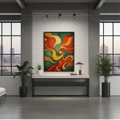 70s Retro Groovy Abstract Wall Art - Vibrant Orange and Green Art