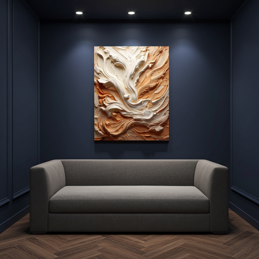 Wall art- Abstract 3D plaster relief thick impasto strokes , organic wavy lines minimalist composition