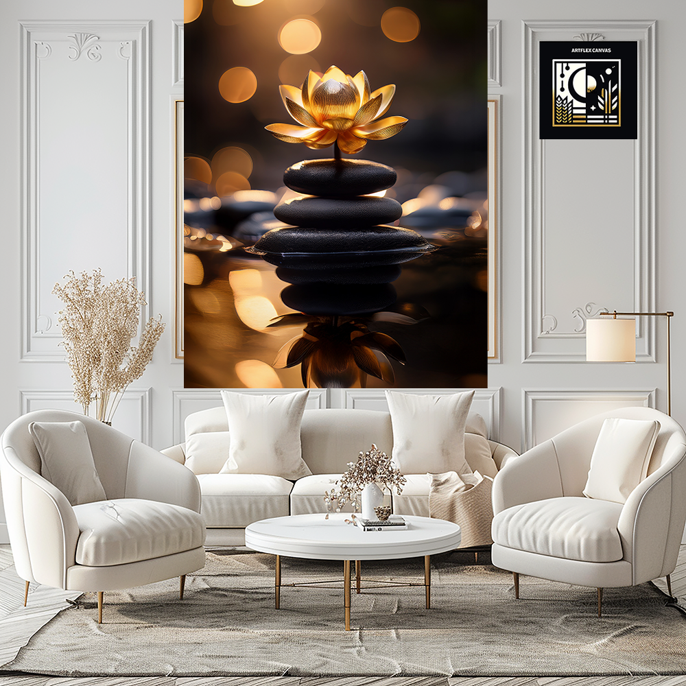Golden Glow Zen Lotus on Balanced Stones Wall  Art