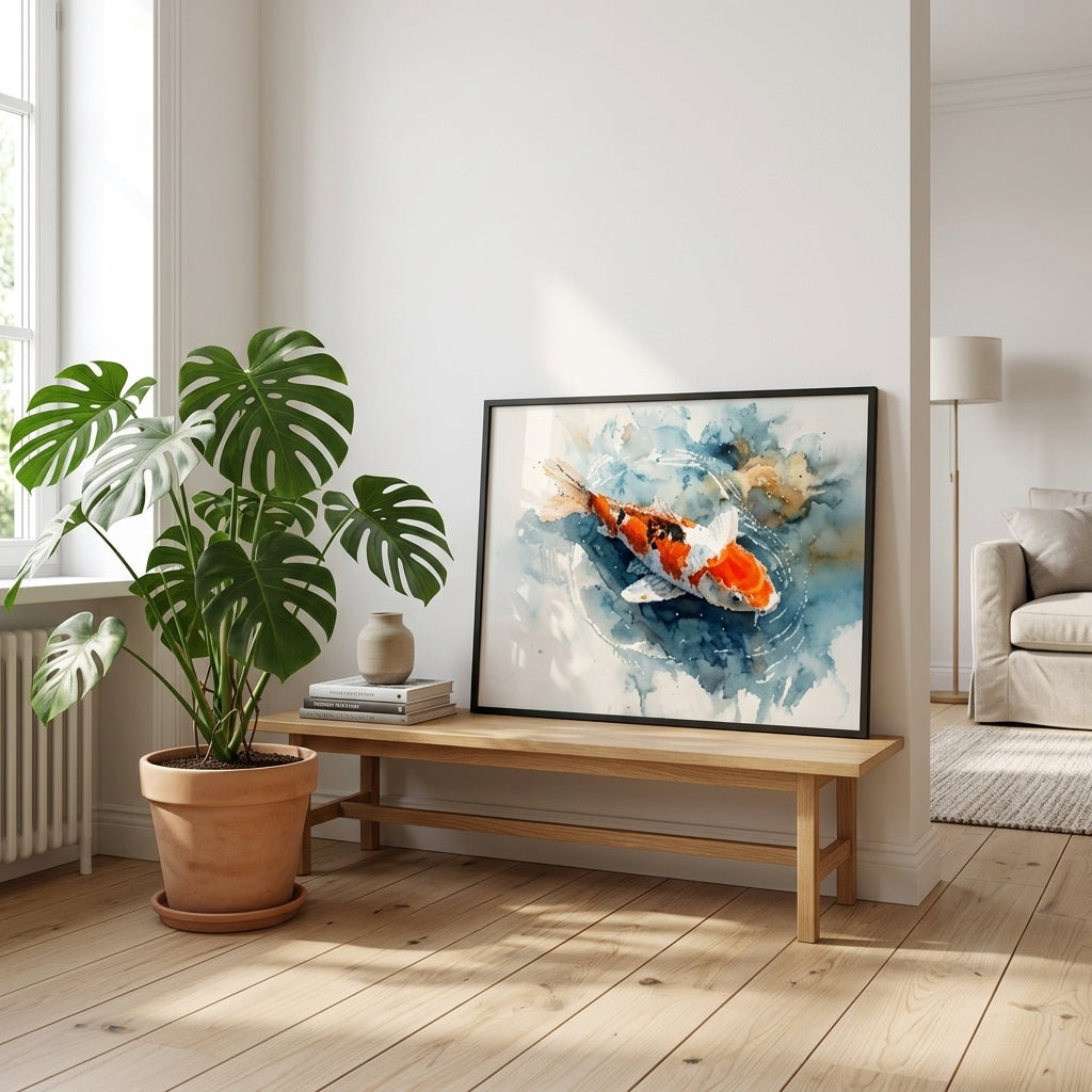 Zen Koi Fish Watercolor Wall Art | Vibrant Orange & Blue Japanese Inspired
