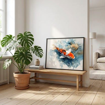 Zen Koi Fish Watercolor Wall Art | Vibrant Orange & Blue Japanese Inspired