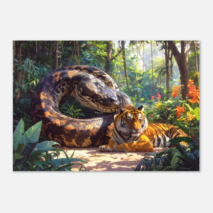 Dramatic wildlife painting featuring a powerful tiger and a large anaconda in a lush, detailed jungle setting.