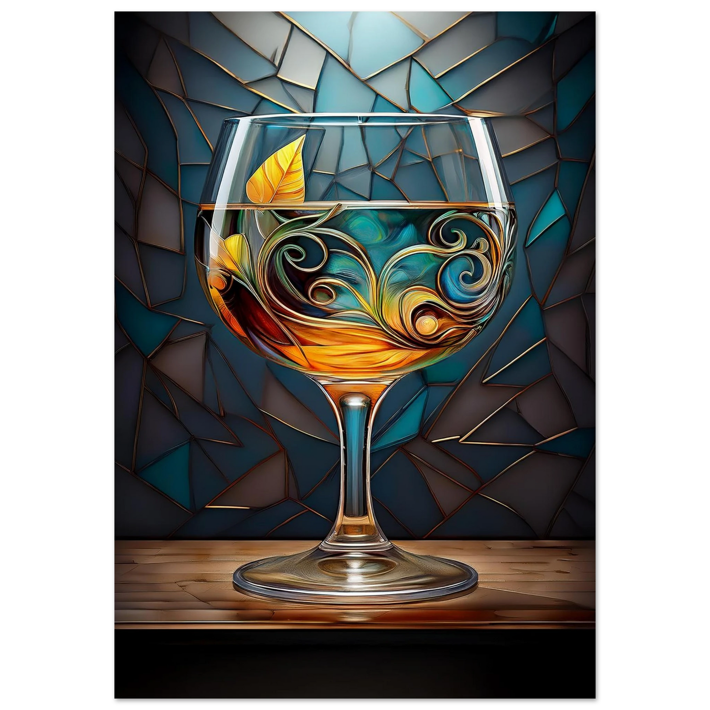 A cocktail glass rendered in a vibrant stained glass mosaic style with blues, oranges, and yellows.
