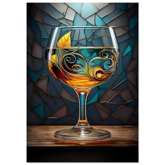 A cocktail glass rendered in a vibrant stained glass mosaic style with blues, oranges, and yellows.