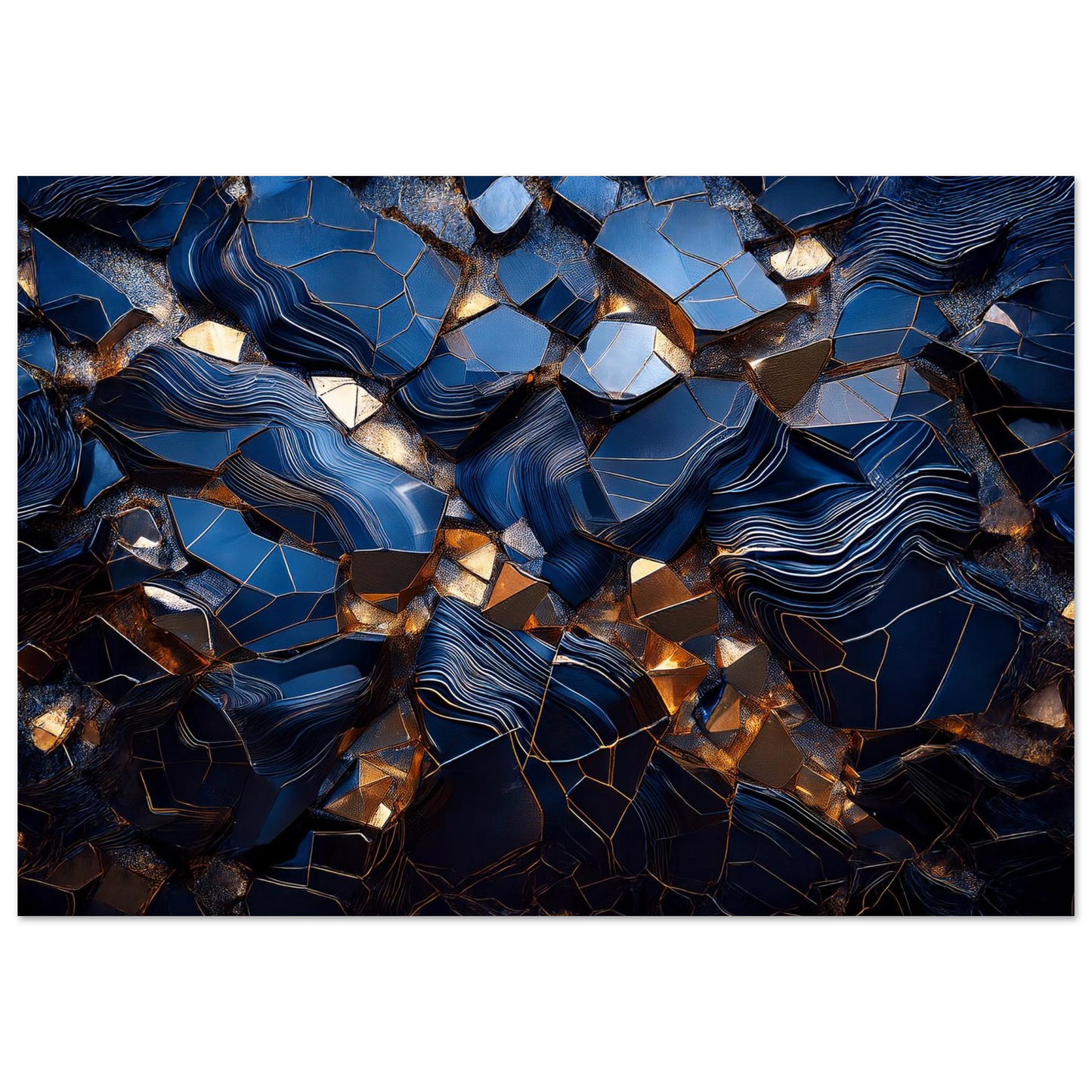 Vertical abstract painting showing deep blues, charcoal greys, and shimmering crystalline textures .