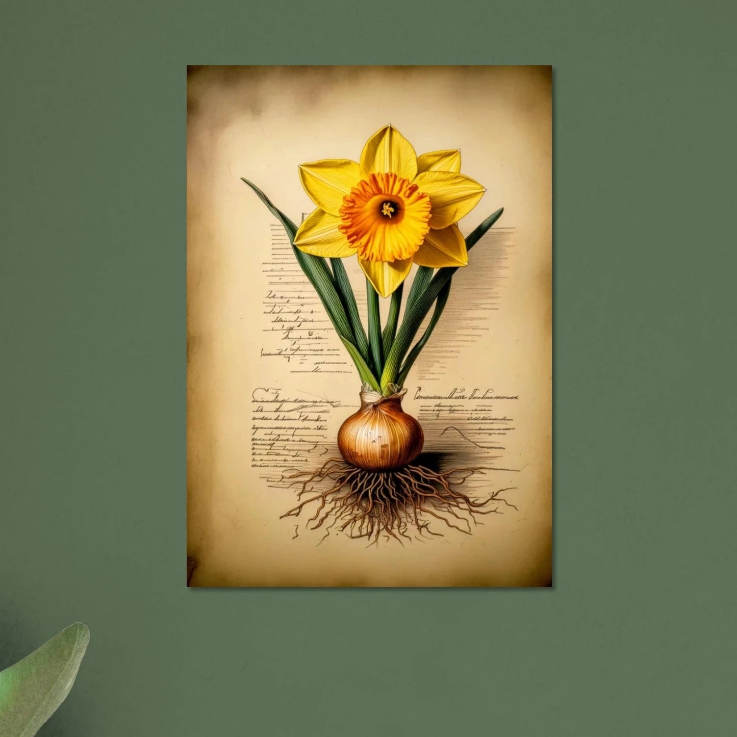 A vintage-style botanical illustration of a yellow daffodil flower with green leaves on a textured, aged cream parchment background.
