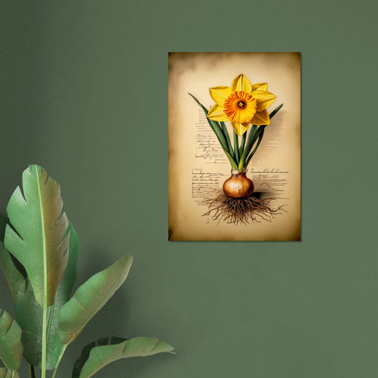 A vintage-style botanical illustration of a yellow daffodil flower with green leaves on a textured, aged cream parchment background.