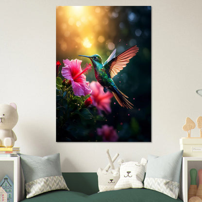 A close-up of an iridescent green hummingbird hovering near a bright pink hibiscus flower with frozen water droplets in the air.