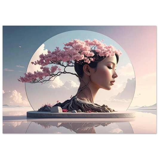 Artistic depiction of a woman with cherry blossoms融入她的头发中，背景是宁静的天空和水面。