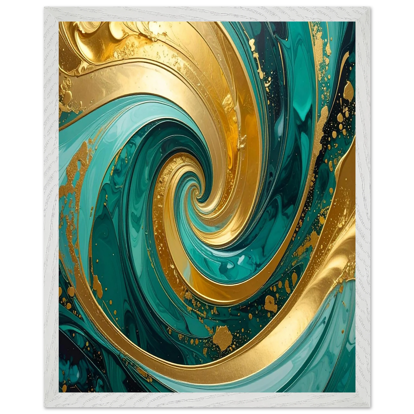 Abstract artwork with gold and teal colors in a spiral pattern.
