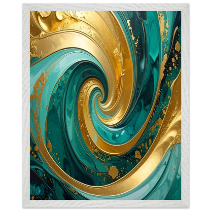 Abstract artwork with gold and teal colors in a spiral pattern.