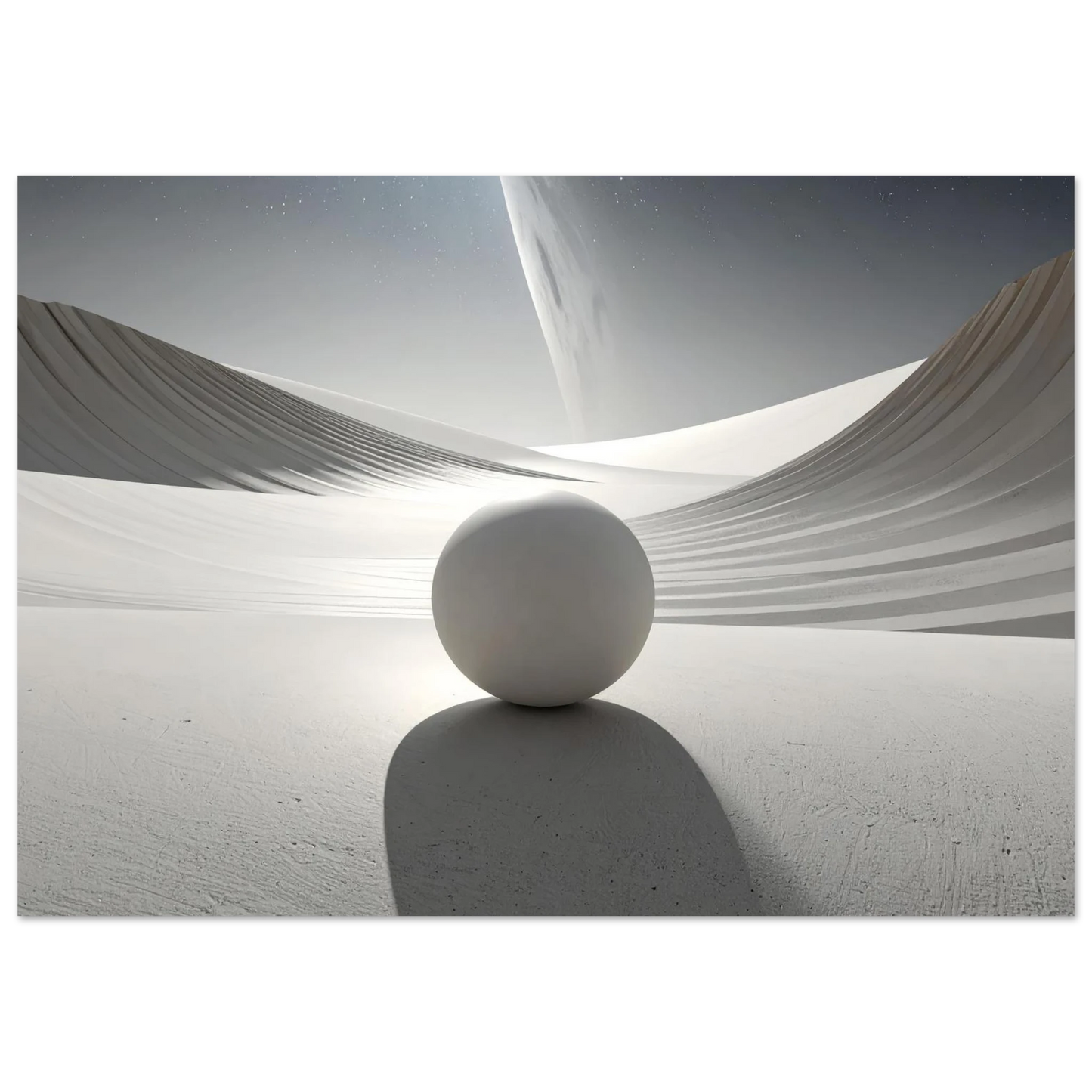 A sophisticated minimalist canvas art piece featuring a subtle light gray sphere centered on a vast, clean white background.