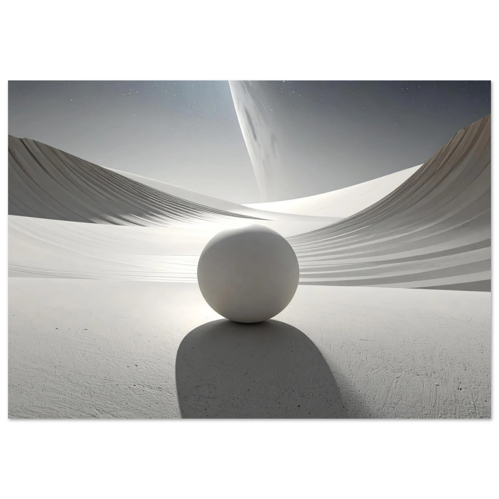 A sophisticated minimalist canvas art piece featuring a subtle light gray sphere centered on a vast, clean white background.