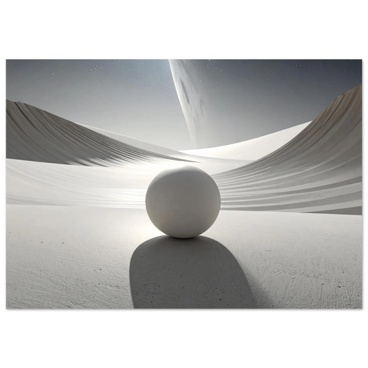 A sophisticated minimalist canvas art piece featuring a subtle light gray sphere centered on a vast, clean white background.