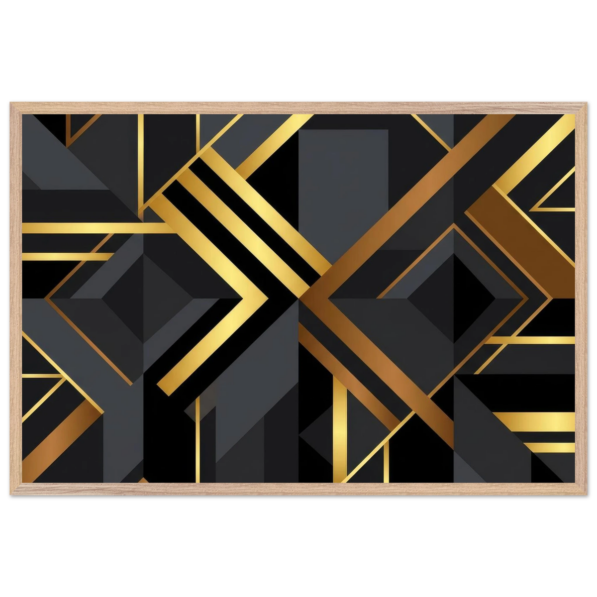 A framed geometric art print featuring a modern Art Deco design with black and dark gray shapes outlined in metallic gold and bronze, set in a light natural wood frame against a white background.