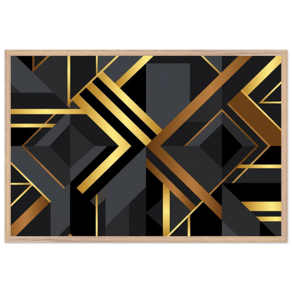 A framed geometric art print featuring a modern Art Deco design with black and dark gray shapes outlined in metallic gold and bronze, set in a light natural wood frame against a white background.