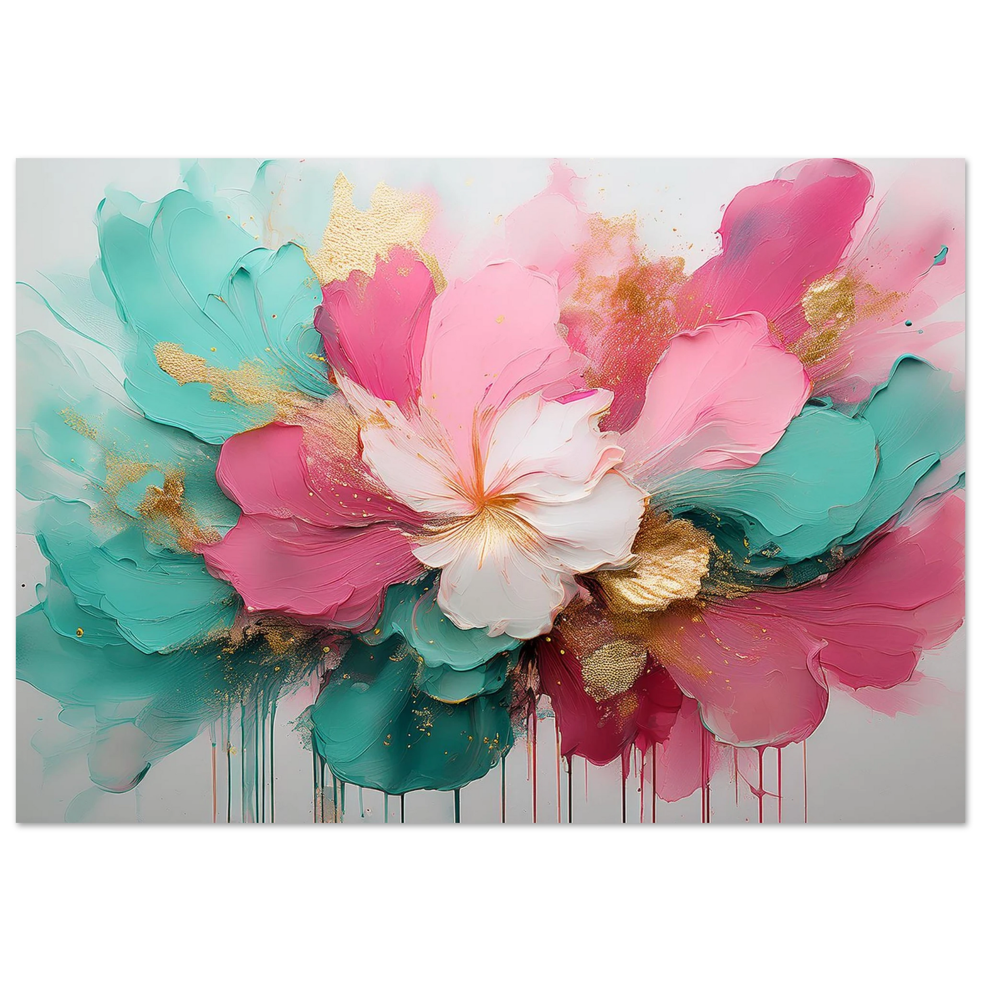 Abstract expressionist painting with splashes of pastel pink, peach, and mint green paint and gold leaf flecks on a white background.