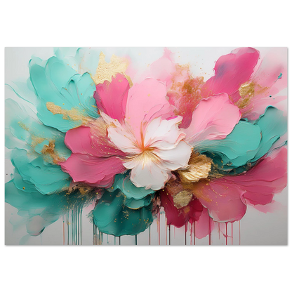 Abstract expressionist painting with splashes of pastel pink, peach, and mint green paint and gold leaf flecks on a white background.