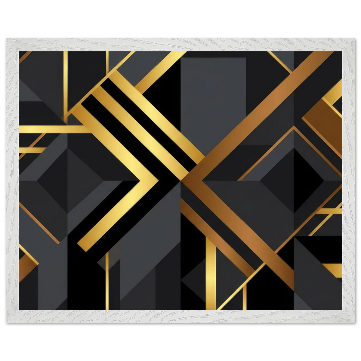 Abstract geometric wall art featuring a modern Art Deco style design with black and dark gray shapes accented by metallic gold and bronze diagonal lines, presented in a white textured frame.
