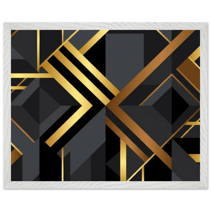 Abstract geometric wall art featuring a modern Art Deco style design with black and dark gray shapes accented by metallic gold and bronze diagonal lines, presented in a white textured frame.