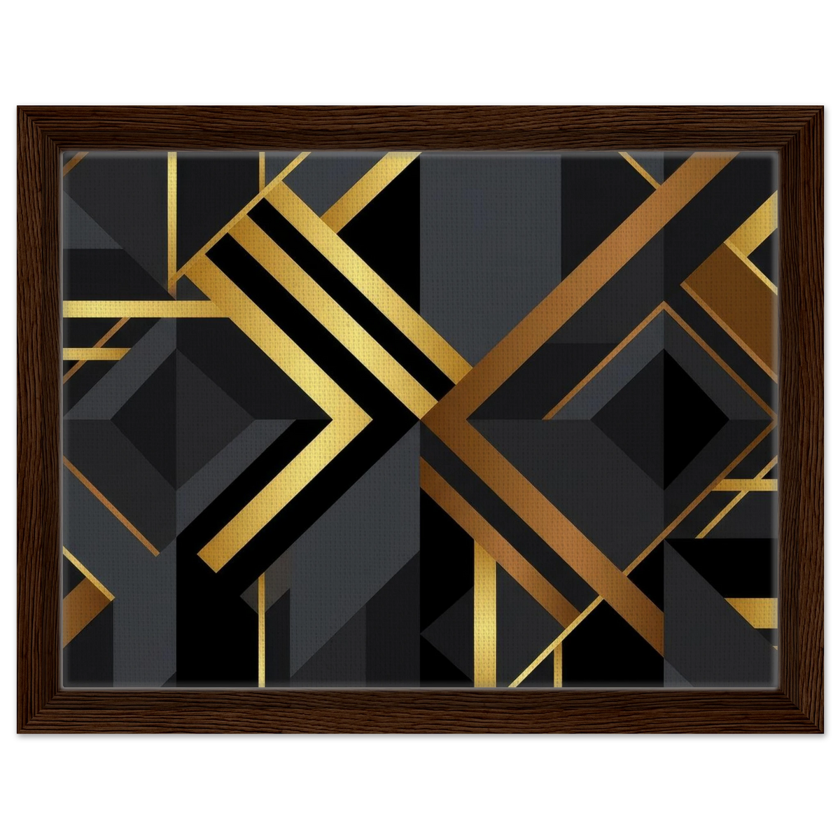 Framed abstract geometric wall art featuring a bold Art Deco style pattern in black, dark gray, and metallic gold, enclosed in a dark brown wood frame.