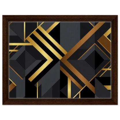 Framed abstract geometric wall art featuring a bold Art Deco style pattern in black, dark gray, and metallic gold, enclosed in a dark brown wood frame.