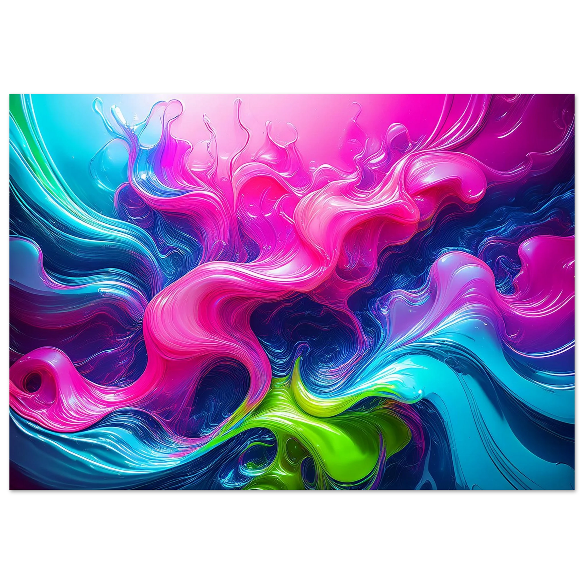 A colorful, high-gloss abstract print with rounded pink and blue shapes in a brightly decorated maximalist room.