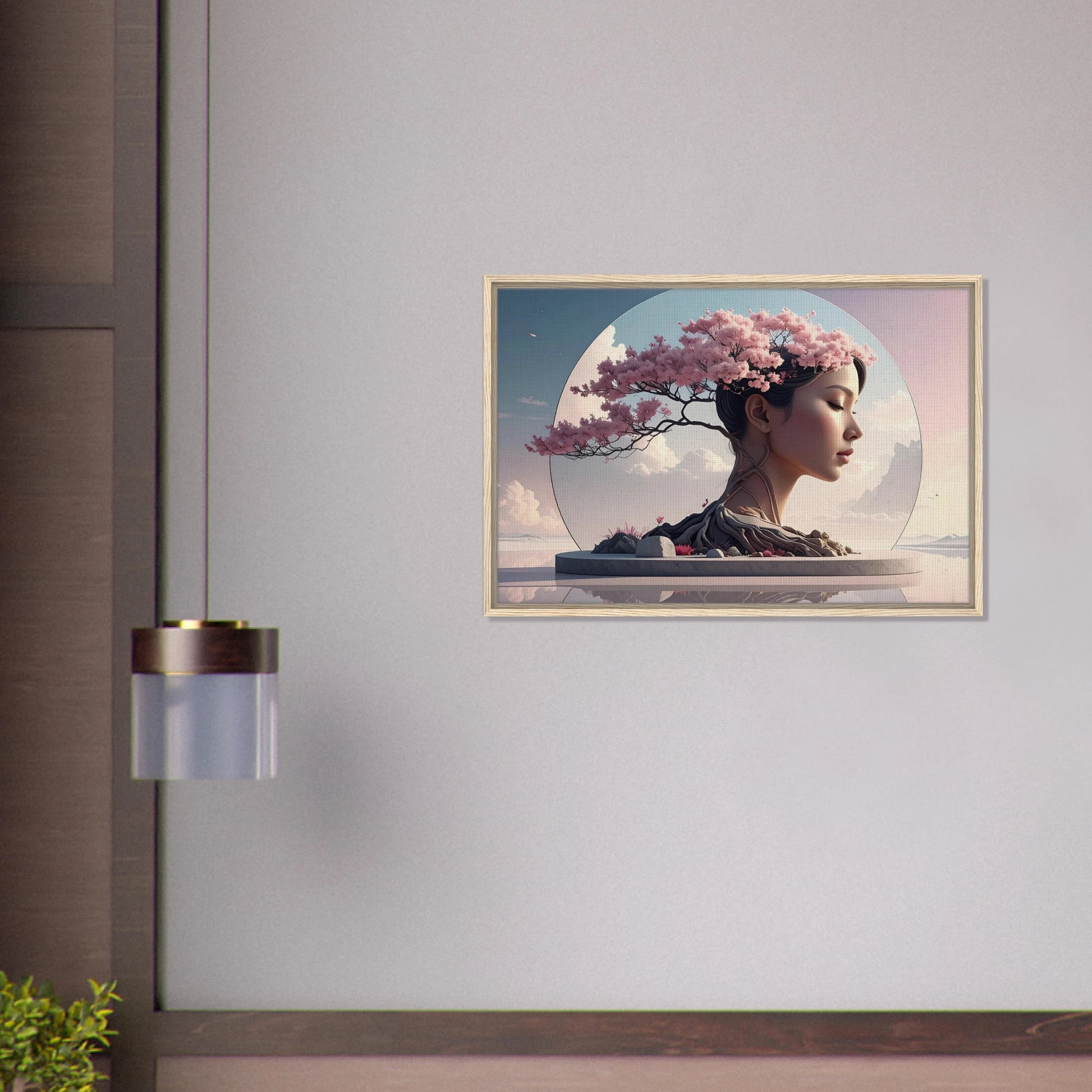 Framed artwork of a woman with cherry blossoms in her hair on a wall.