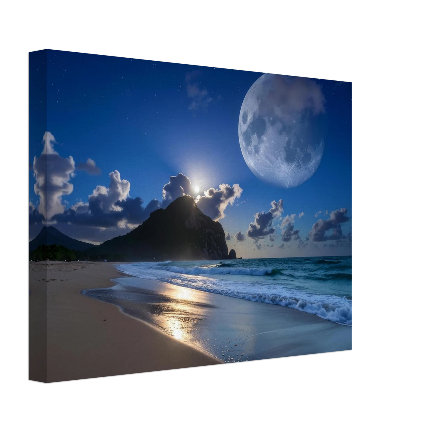 Beach scene with moon and mountain under a starry sky