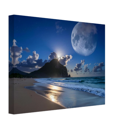 Beach scene with moon and mountain under a starry sky