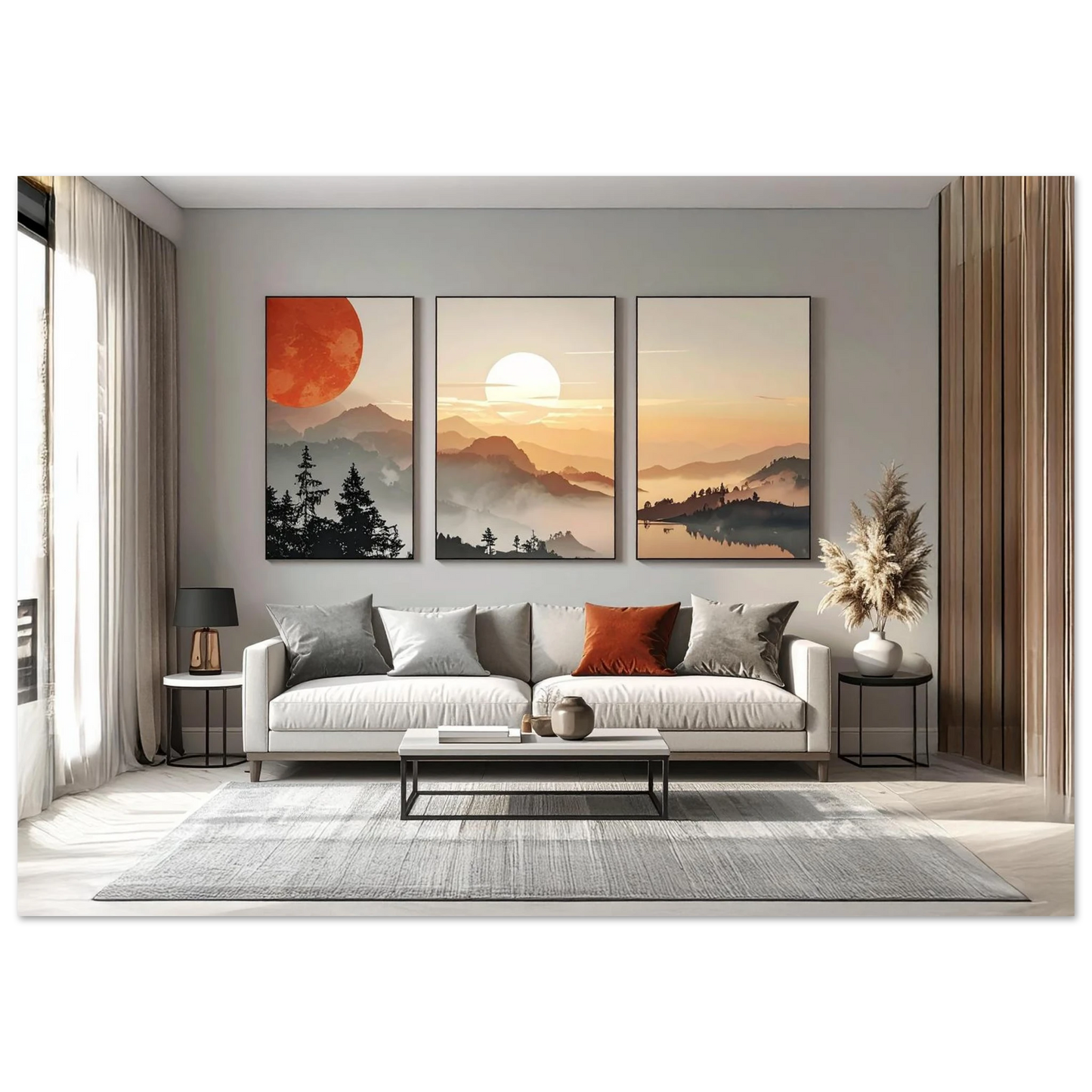 A serene and clean minimalist landscape art print displayed in a bright ,modern interior gallery - style.