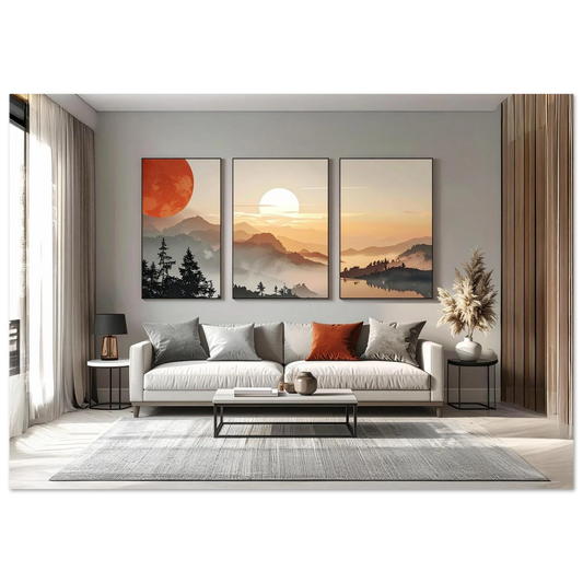 A serene and clean minimalist landscape art print displayed in a bright ,modern interior gallery - style.