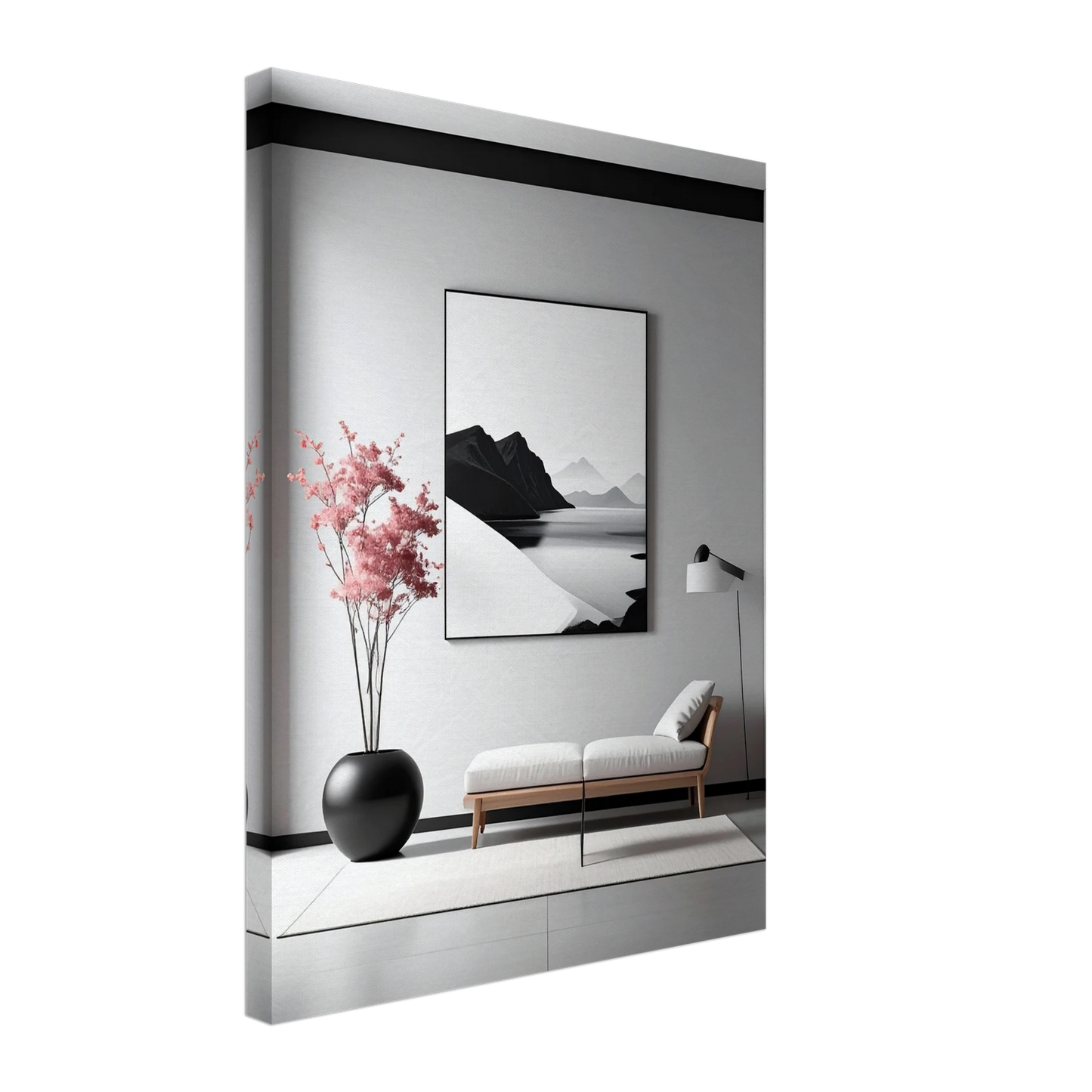 Modern interior design with a vase of pink flowers, bench, and abstract painting on a white wall.