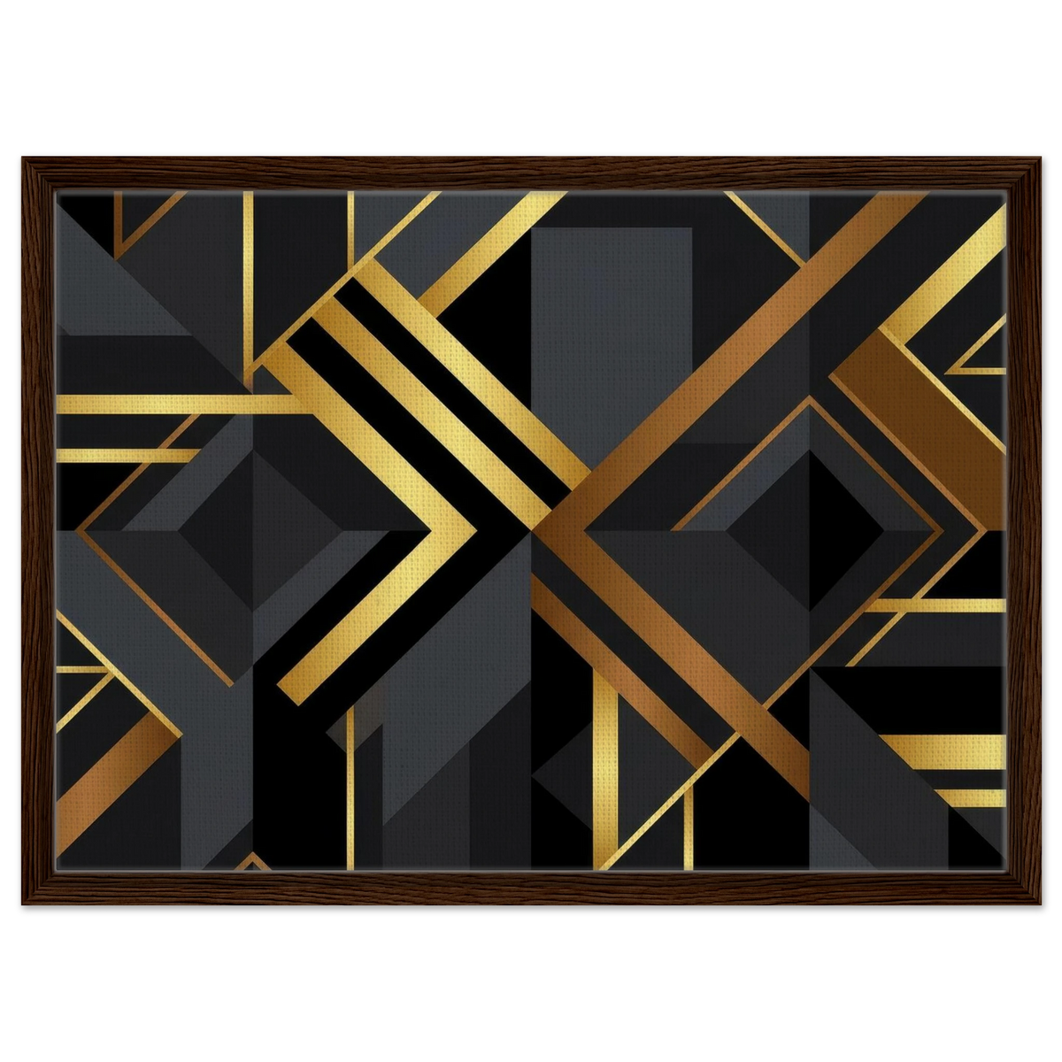 Framed wall art featuring a modern geometric art deco design with black and dark gray shapes outlined and accented by metallic gold lines, set in a dark brown wood frame against a white background.