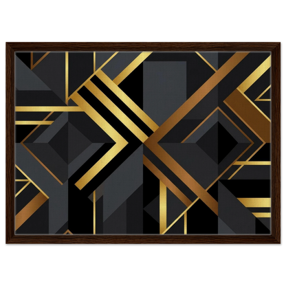 Framed wall art featuring a modern geometric art deco design with black and dark gray shapes outlined and accented by metallic gold lines, set in a dark brown wood frame against a white background.