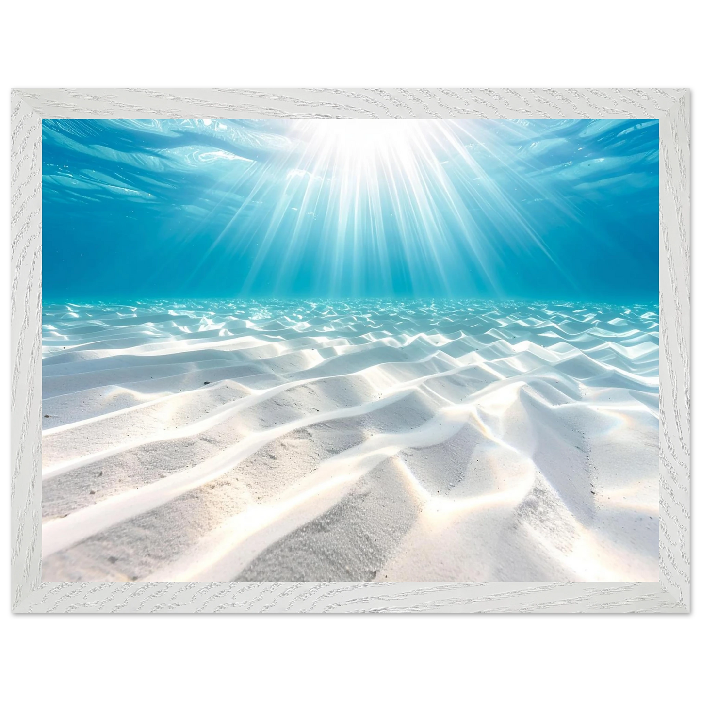 Underwater scene with sunlight beams through clear blue water, framed in white.