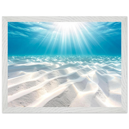 Underwater scene with sunlight beams through clear blue water, framed in white.